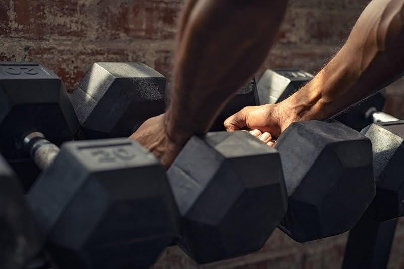 Fitvids Rubber Encased Hex Dumbbell Set with Rack, 5-20LB or 5-25LB Hand Weights with Anti-Slip Grip for Exercise & Fitness, Dumbbell Weights Set for Home Gym, 100LB or 150LB Set Options