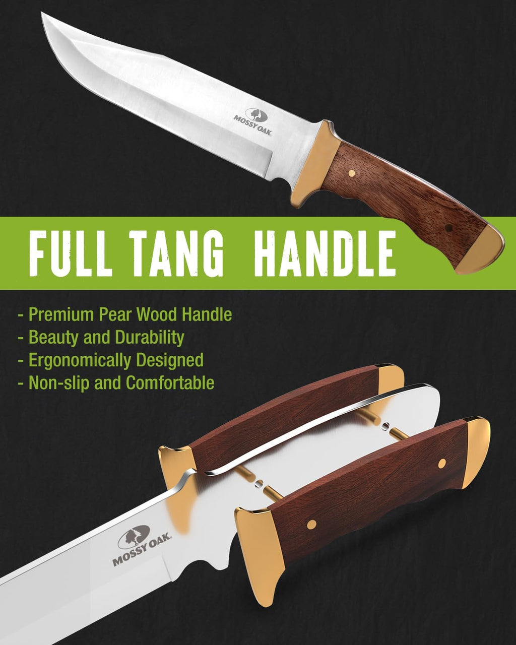 Mossy Oak 14-inch Bowie Knife, Full-tang Fixed Blade, Wood Handle Hunting Knife with Leather Sheath for Camping, Hiking, Survival
