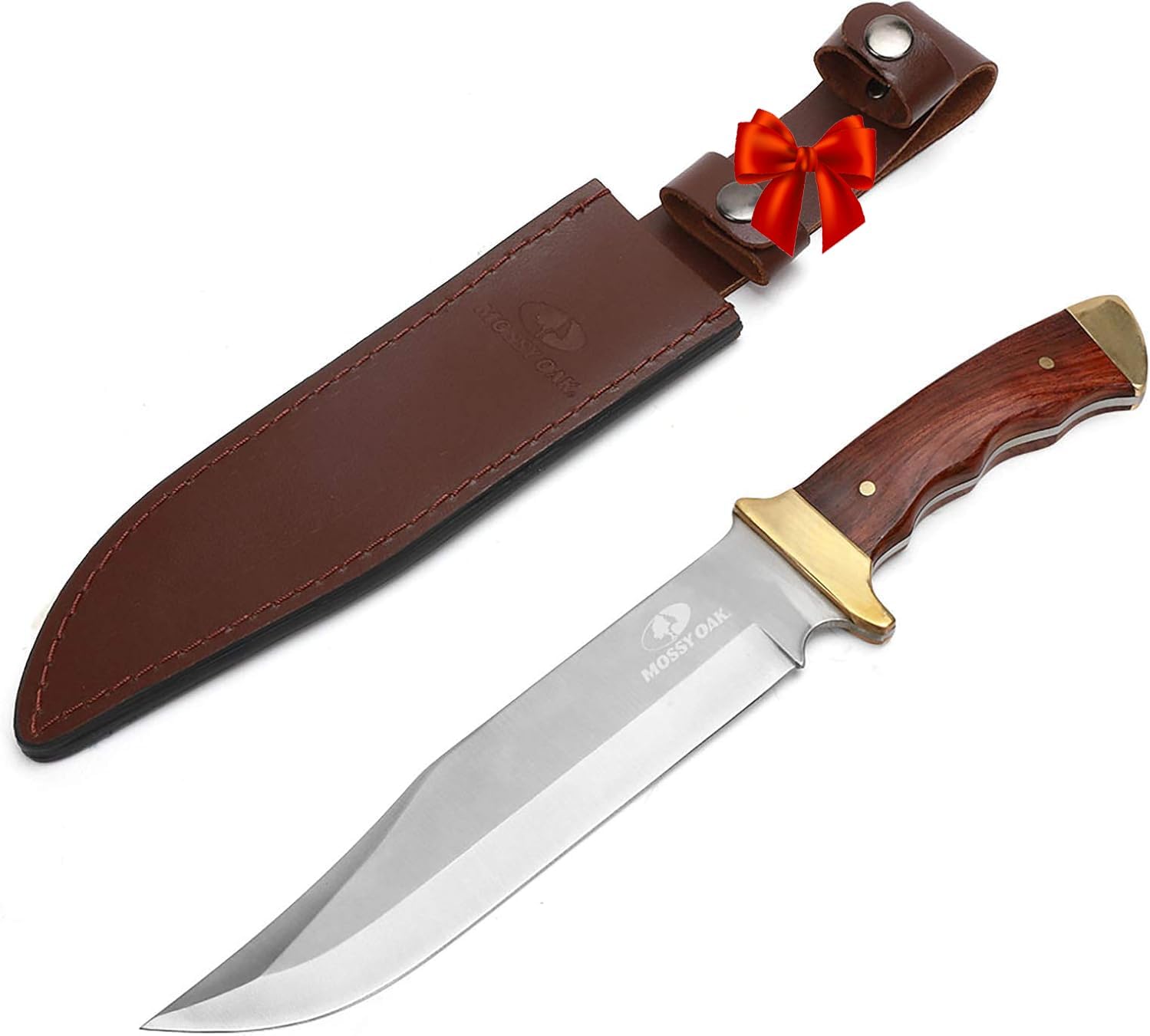 Mossy Oak 14-inch Bowie Knife, Full-tang Fixed Blade, Wood Handle Hunting Knife with Leather Sheath for Camping, Hiking, Survival