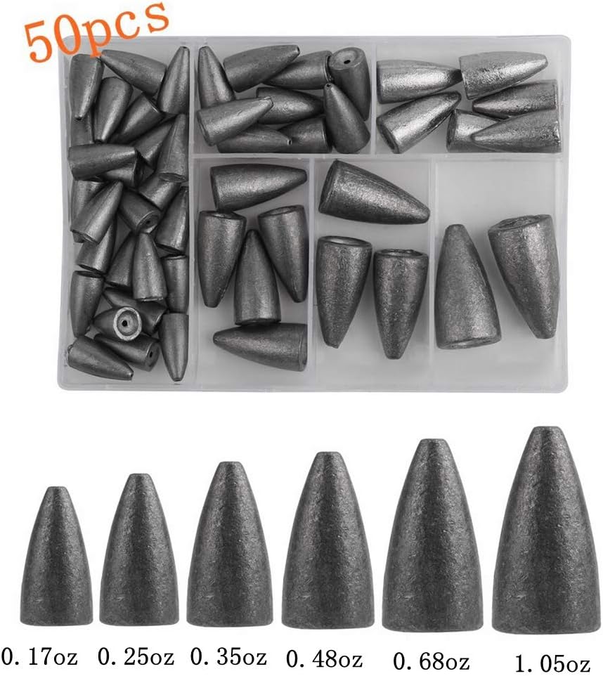 50Pcs Fishing Sinkers Weights Kit Worm Fishing Sinker Weight Bullet Lead Sinkers Fishing Set