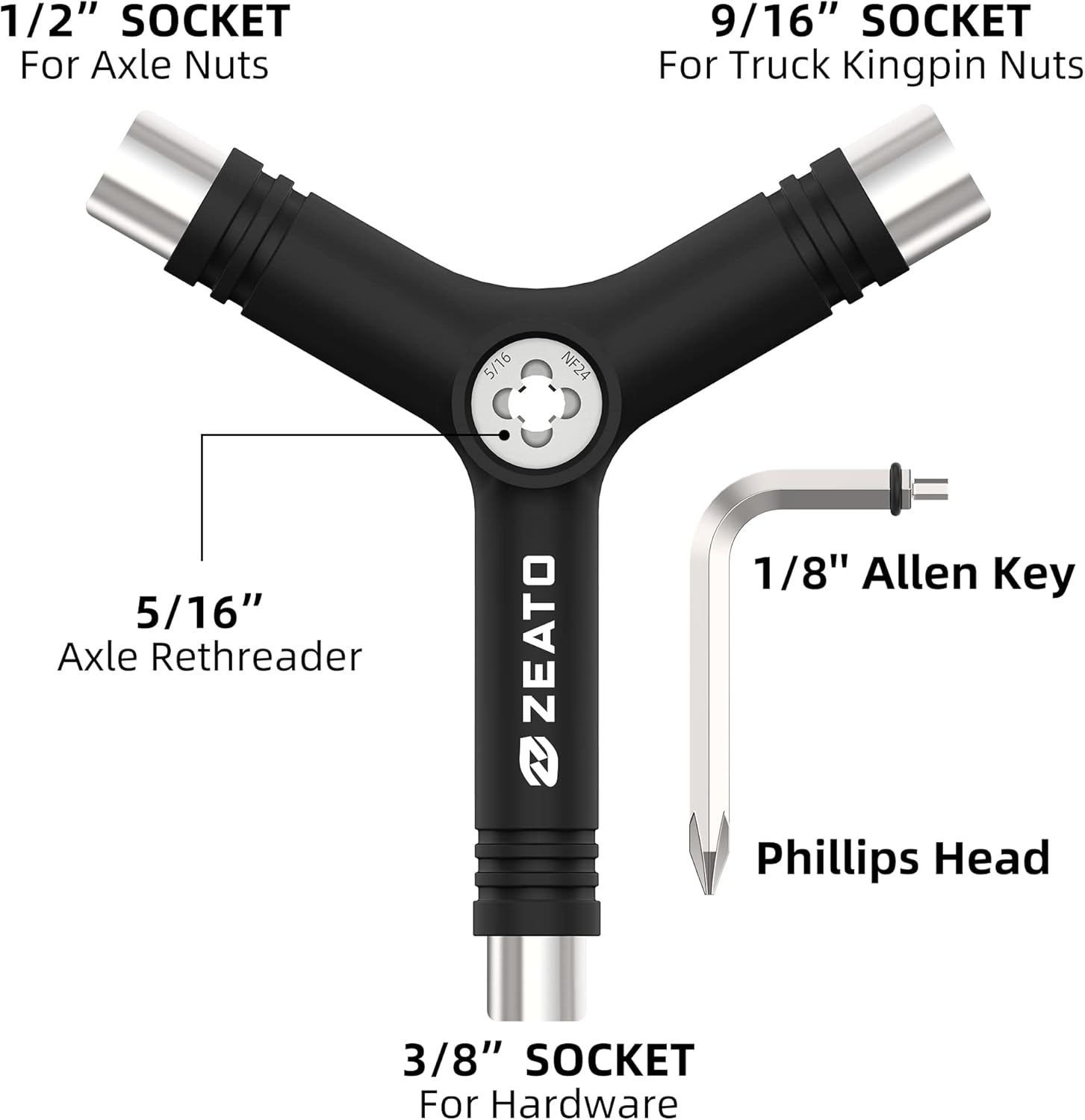 All-in-One Skate Tools Multi-Function Portable Skateboard T Tool Accessory with T-Type Allen Key and L-Type Phillips Head Wrench Screwdriver