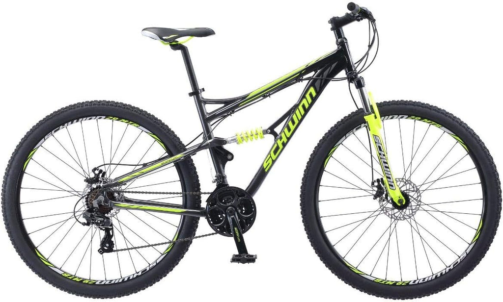 Schwinn Traxion Mountain Bike for Adult Men Women, 29-Inch Wheels, Full Suspension, 24-Speed Shimano Drivetrain, Trigger Shifter, 18-Inch Aluminum Frame, Mechanical Disc Brake, Matte Grey/Neon Green
