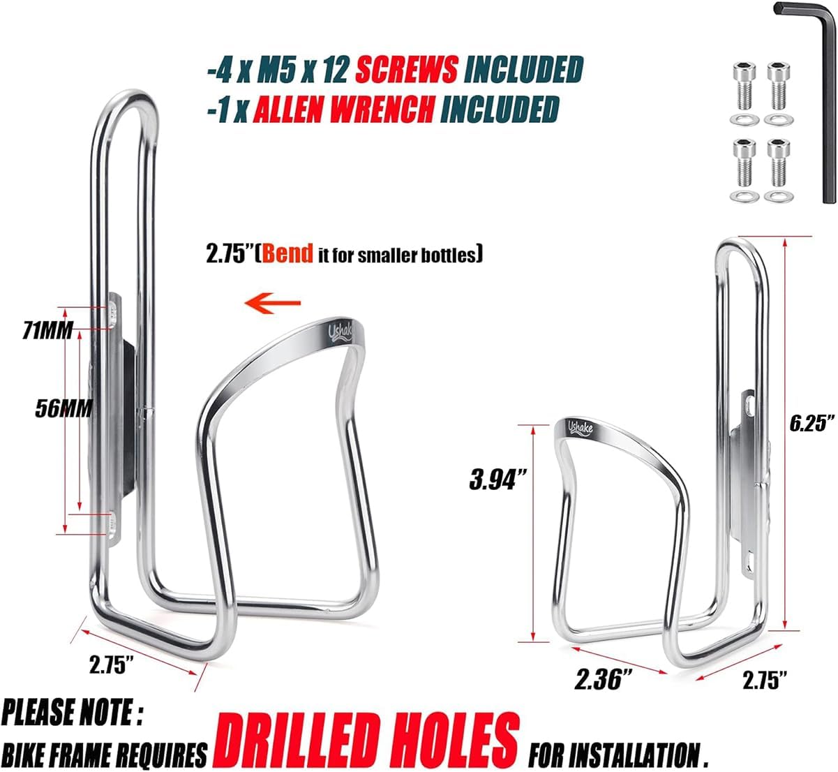USHAKE Water Bottle Cages, Basic MTB Bike Bicycle Alloy Aluminum Lightweight Water Bottle Holder Cages Brackets(2 Pack- Drilled Holes Required)