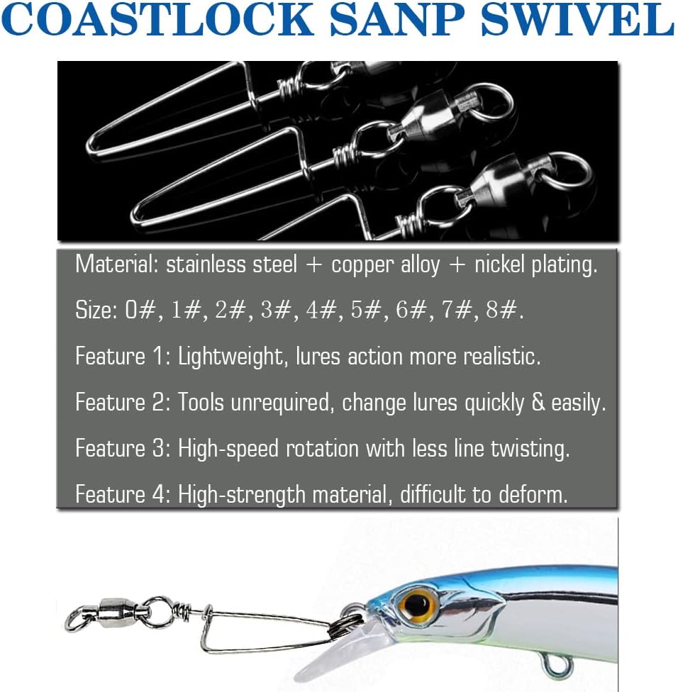 AMYSPORTS High Strength Fishing Snap Swivels Ball Bearing Swivels Stainless Fishing Swivels Saltwater Corrosion Resistance Barrel Swivel for Freshwater Fishing