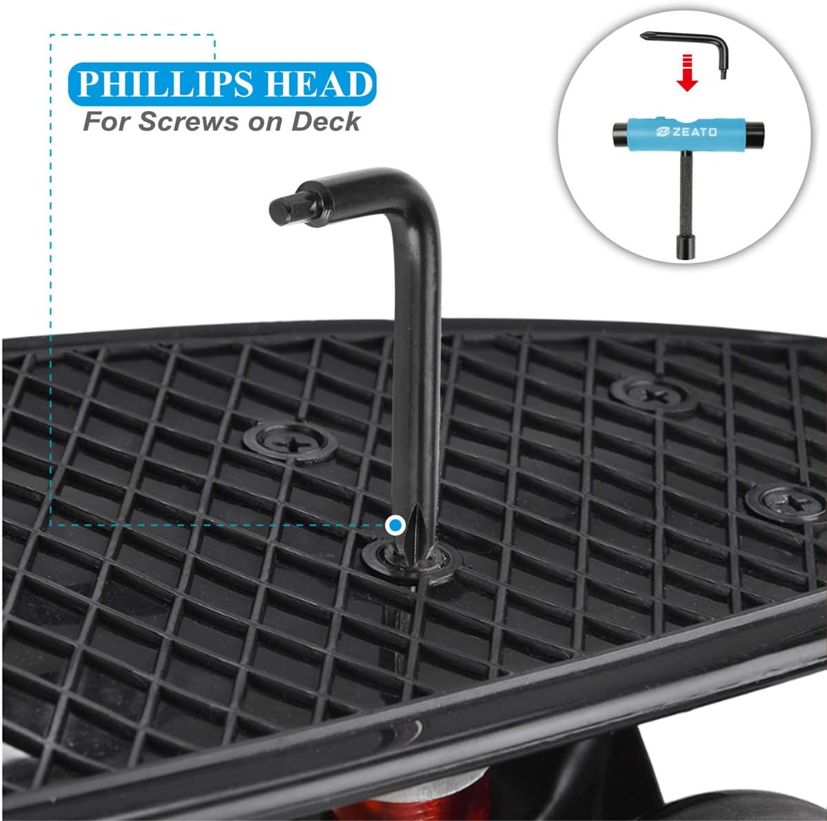 All-in-One Skate Tools Multi-Function Portable Skateboard T Tool Accessory with T-Type Allen Key and L-Type Phillips Head Wrench Screwdriver