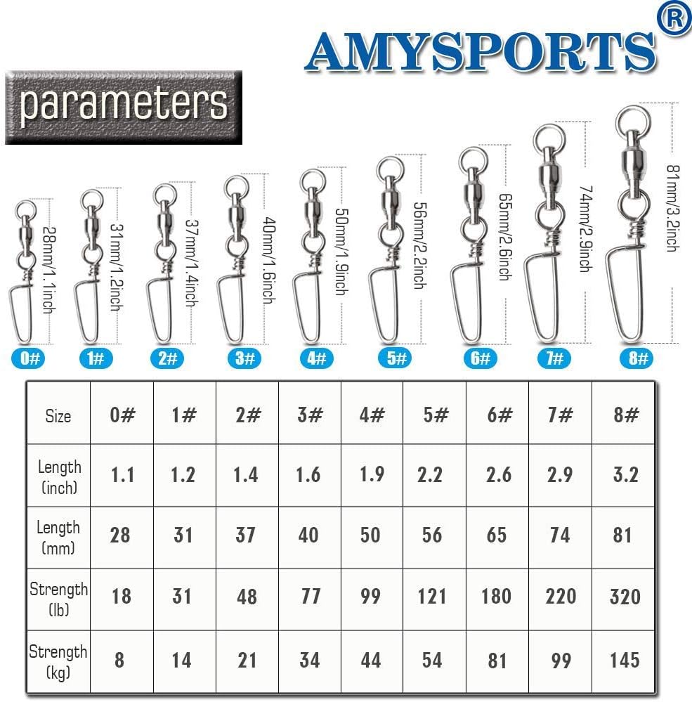 AMYSPORTS High Strength Fishing Snap Swivels Ball Bearing Swivels Stainless Fishing Swivels Saltwater Corrosion Resistance Barrel Swivel for Freshwater Fishing