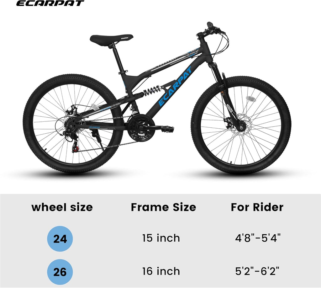 Ecarpat 24/26/27.5 Inch Mountain Bike, Dual/Front Suspension Mens Mountain Bike with 21 Speeds High-Carbon Steel Frame and Disc/V Brakes, Adult Sport Bicycle for Trail Snow Commuter City Road