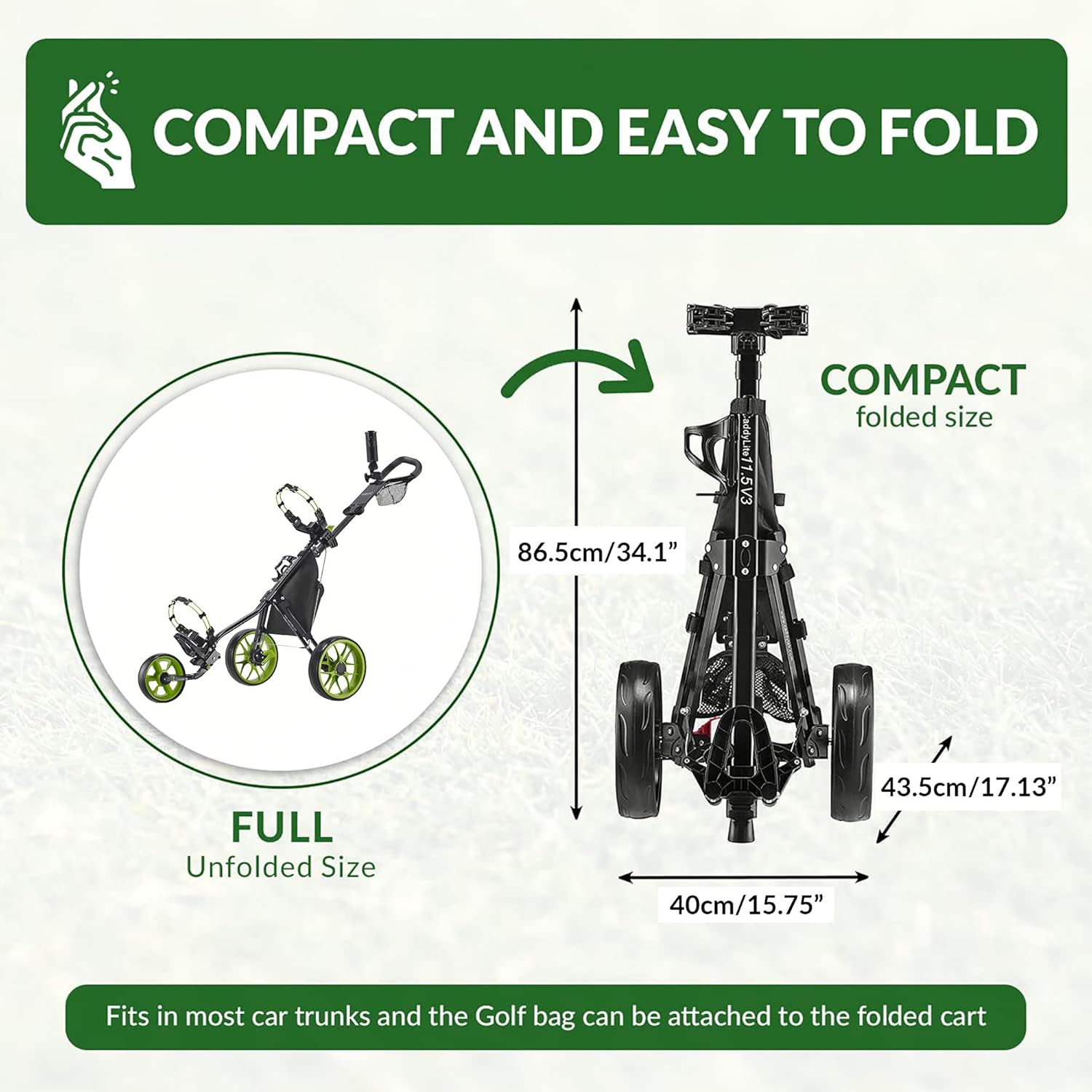 CaddyTek 3 Wheel Golf Push Cart - Lightweight, Close Folding Push Pull Caddy Cart, Easy to Open - CaddyLite 11.5 V3