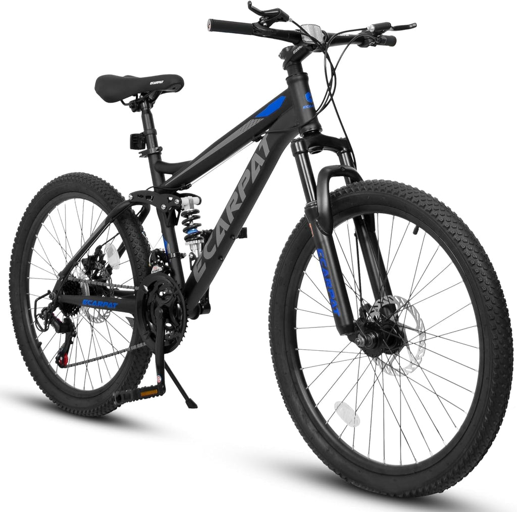 Ecarpat 24/26/27.5 Inch Mountain Bike, Dual/Front Suspension Mens Mountain Bike with 21 Speeds High-Carbon Steel Frame and Disc/V Brakes, Adult Sport Bicycle for Trail Snow Commuter City Road