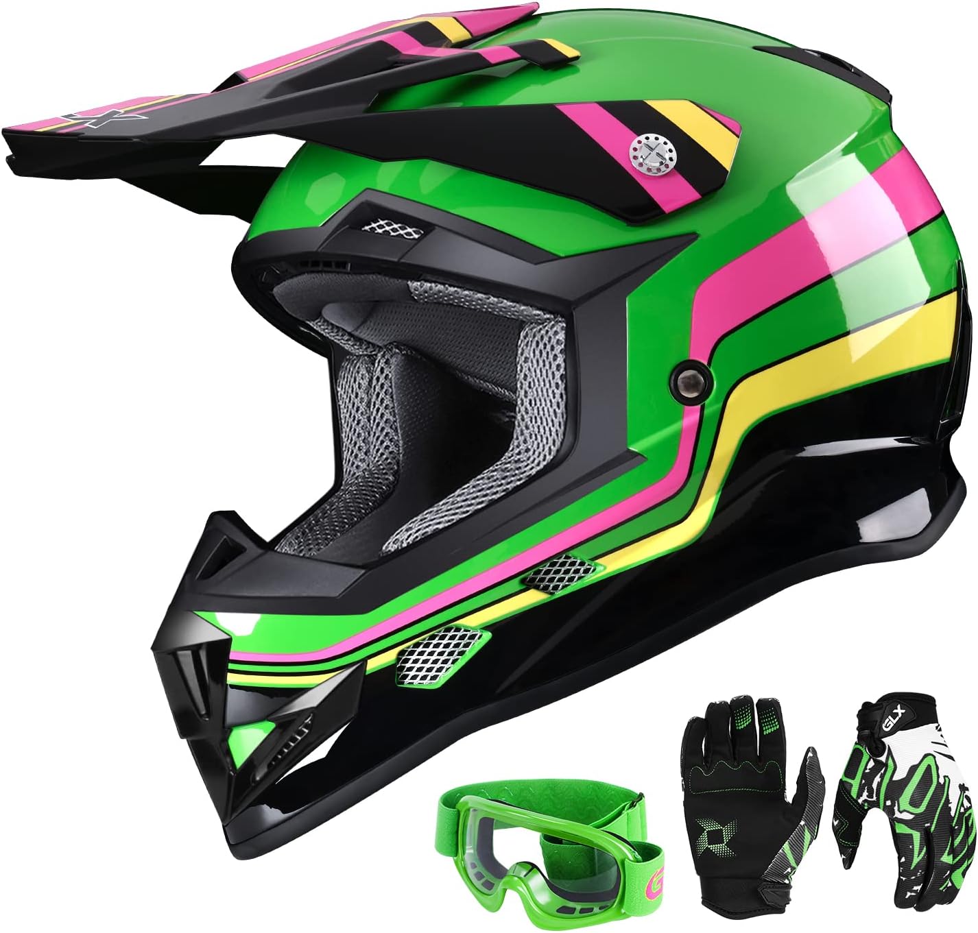 GLX GX623 Youth ATV/Dirt Bike Helmet Combo - Matte Black, Large - DOT