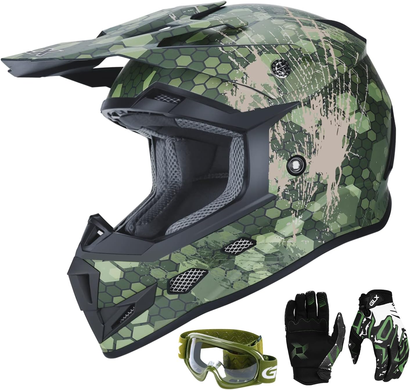 GLX GX623 Youth ATV/Dirt Bike Helmet Combo - Matte Black, Large - DOT