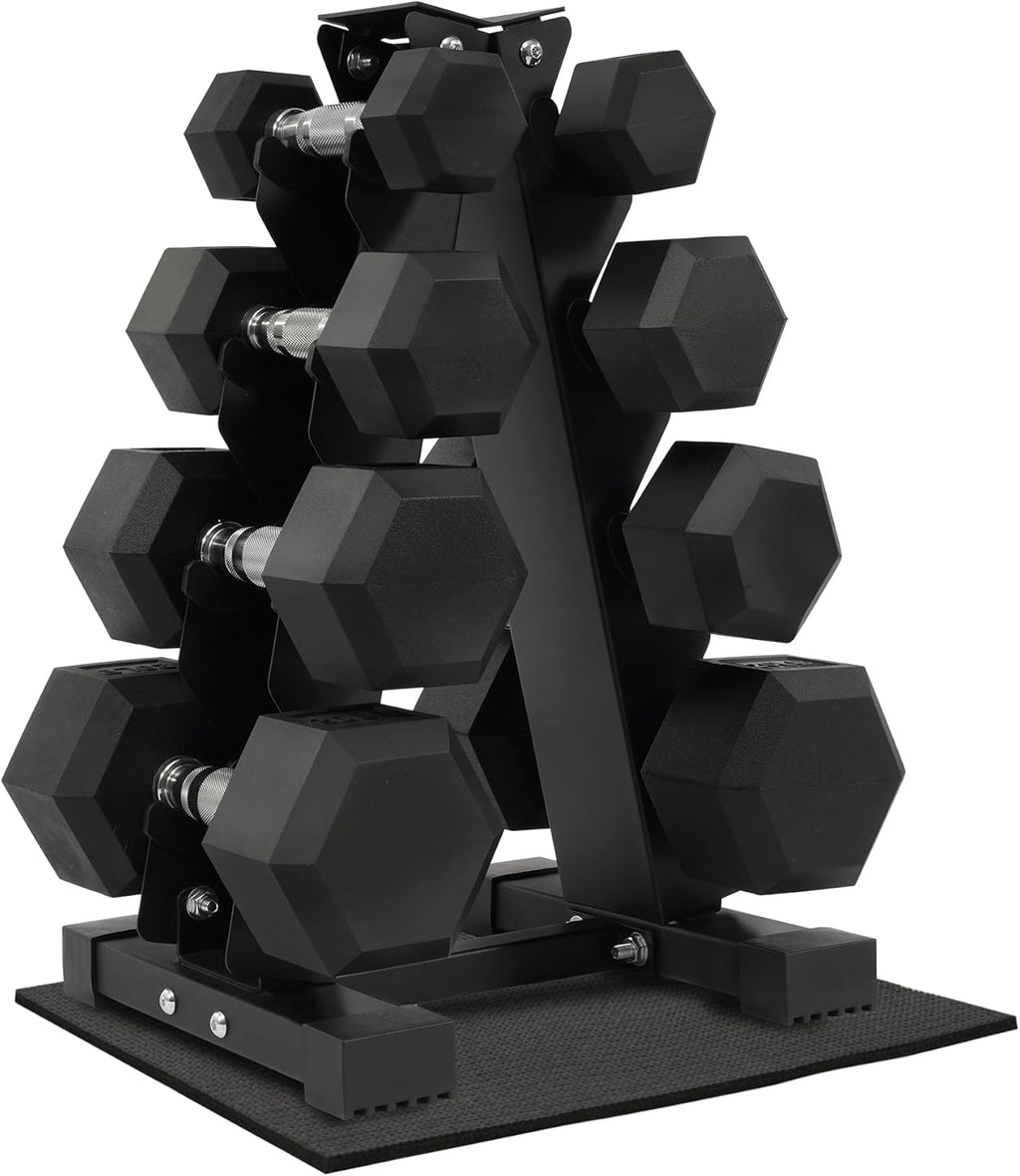 Fitvids Rubber Encased Hex Dumbbell Set with Rack, 5-20LB or 5-25LB Hand Weights with Anti-Slip Grip for Exercise & Fitness, Dumbbell Weights Set for Home Gym, 100LB or 150LB Set Options