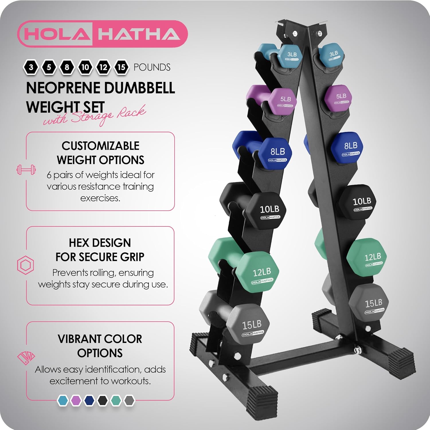 HolaHatha Neoprene Dumbbell Free Hand Weight Set with Rack, Ideal for Home Exercises to Gain Tone and Definition