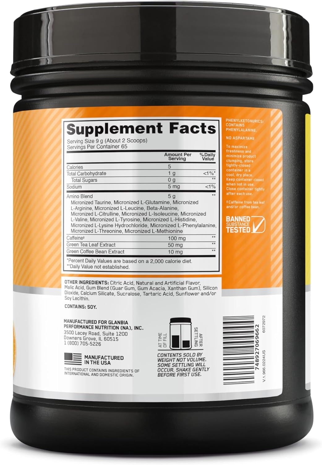 Optimum Nutrition Amino Energy - Pre Workout with Green Tea, BCAA, Amino Acids, Keto Friendly, Green Coffee Extract, Energy Powder - Orange Cooler, 65 Servings (Packaging May Vary)