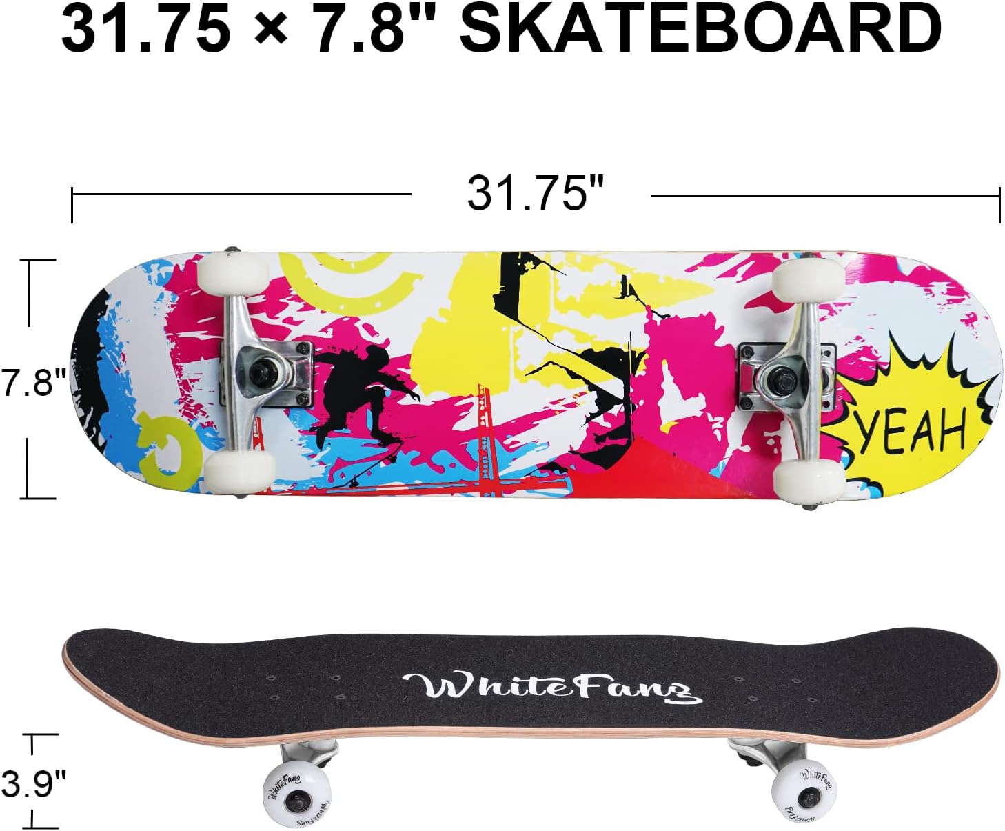WhiteFang Skateboards for Beginners, Complete Skateboard 31 x 7.88, 7 Layer Canadian Maple Double Kick Concave Standard and Tricks Skateboards for Kids and Beginners