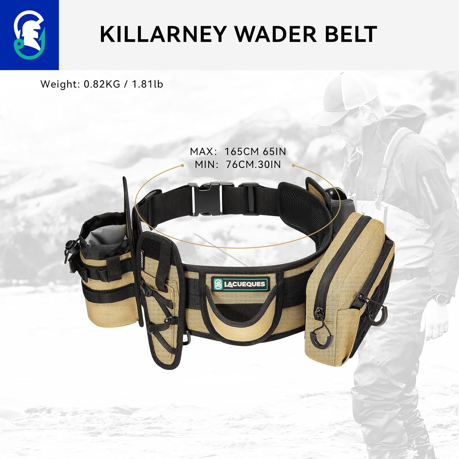 Professional Fishing Belt set Wade Tackle Belt Kit–Detachable Bait/Pliers Pouches, Rod Holder, Insulated Cup Pocket, Multi-Hook Design