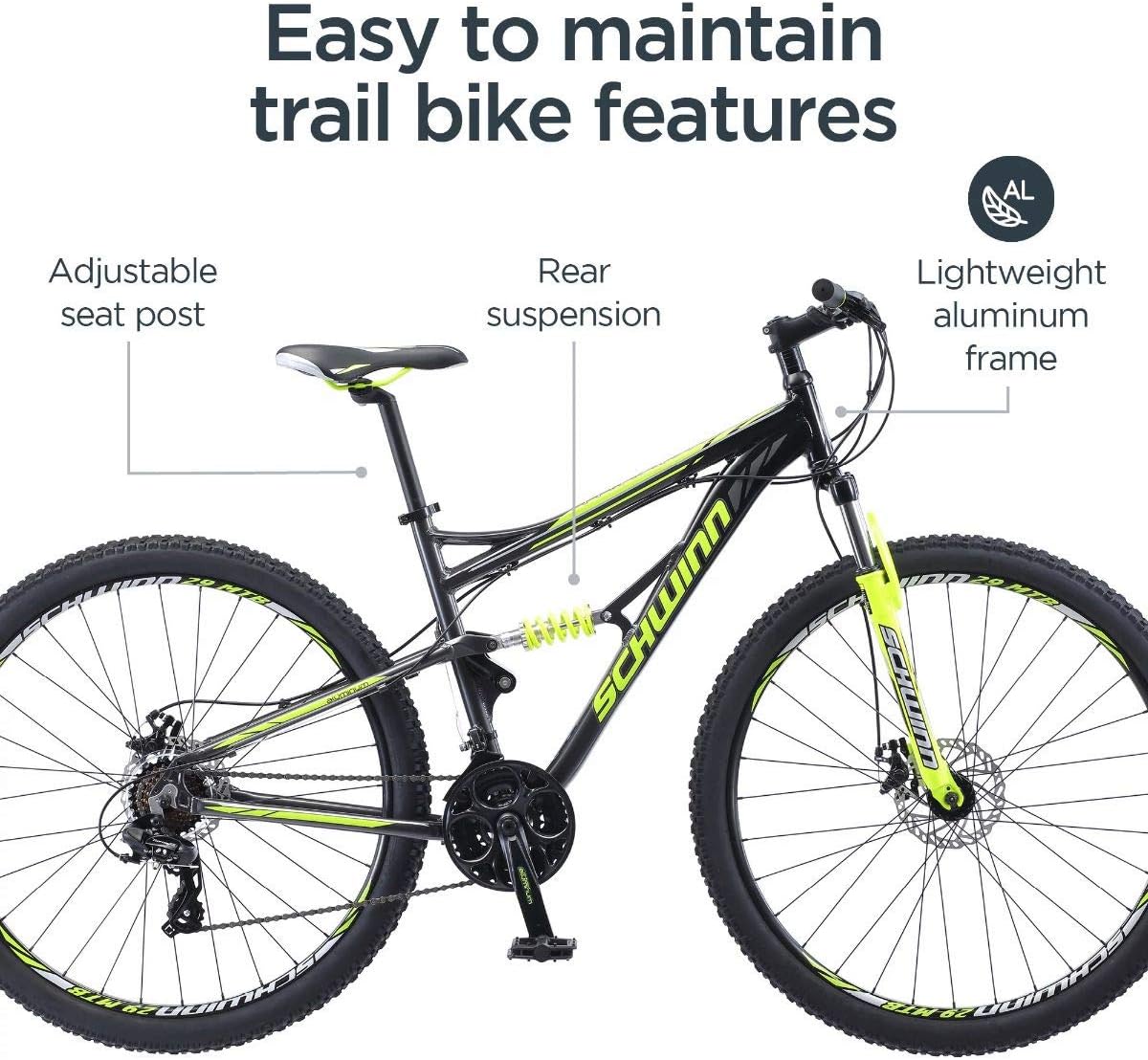 Schwinn Traxion Mountain Bike for Adult Men Women, 29-Inch Wheels, Full Suspension, 24-Speed Shimano Drivetrain, Trigger Shifter, 18-Inch Aluminum Frame, Mechanical Disc Brake, Matte Grey/Neon Green