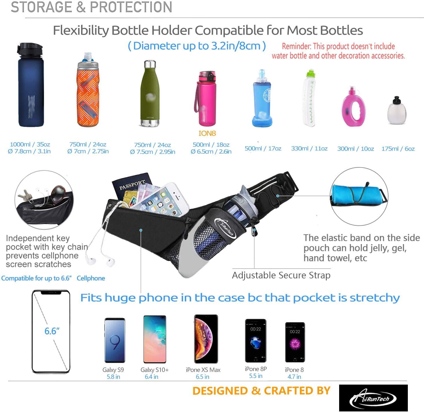 AiRunTech Running Hydration Belt with Water Bottle Holder,Hiking Fanny Pack for Phone and Wallet,Running Bag Runners Essentials Accessories Marathon Triathlon Walking Jogging Gear Gift