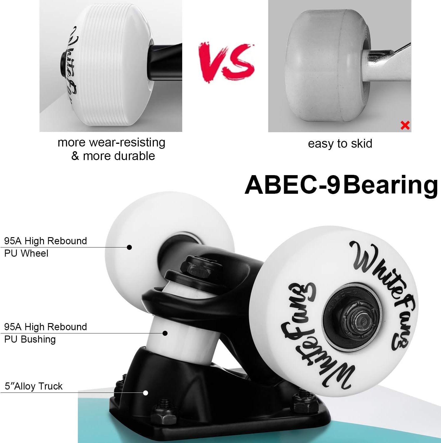 WhiteFang Skateboards for Beginners, Complete Skateboard 31 x 7.88, 7 Layer Canadian Maple Double Kick Concave Standard and Tricks Skateboards for Kids and Beginners