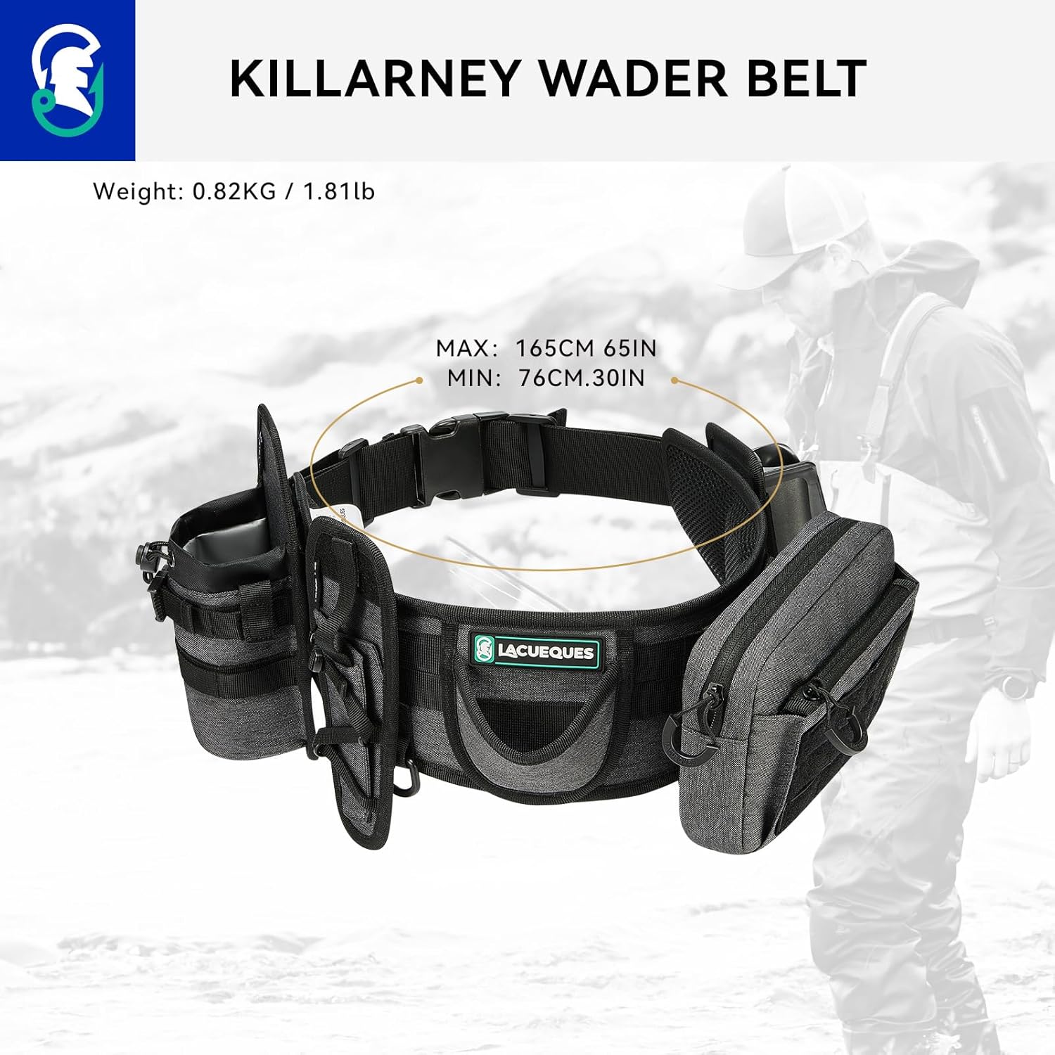 Professional Fishing Belt set Wade Tackle Belt Kit–Detachable Bait/Pliers Pouches, Rod Holder, Insulated Cup Pocket, Multi-Hook Design