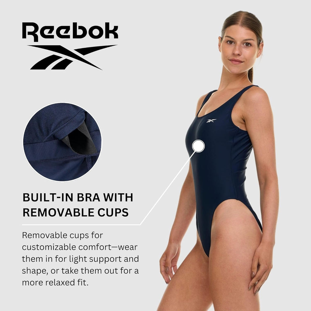 Reebok One Piece Swimsuit Women, Scoop Back High Cut Womens Bathing Suits One Piece, Ladies Athletic Backless Swim Suit