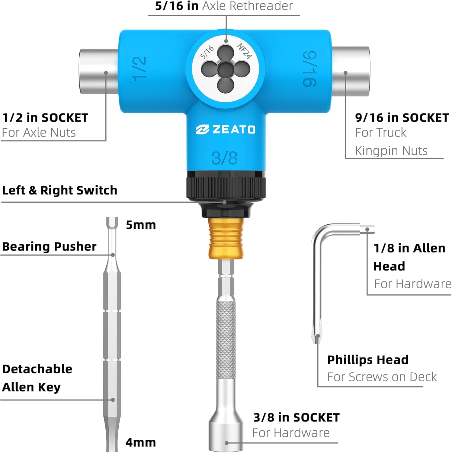 All-in-One Skate Tools Multi-Function Portable Skateboard T Tool Accessory with T-Type Allen Key and L-Type Phillips Head Wrench Screwdriver