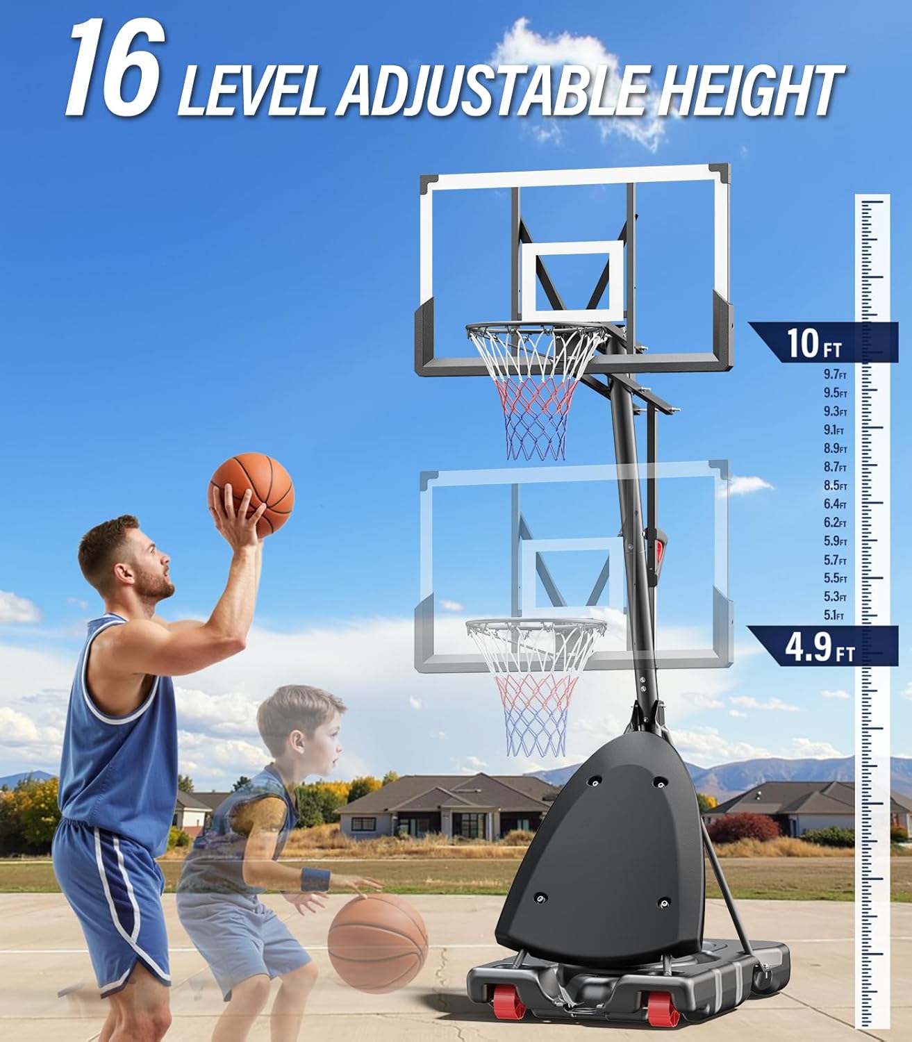 Basketball Hoop Outdoor, 4.4-10 ft Adjustable Height, Portable Basketball Hoop Goal System for Kids Teens and Adults, Weather-Resistant Heavy Base and 45 Inch Shatterproof Backboard