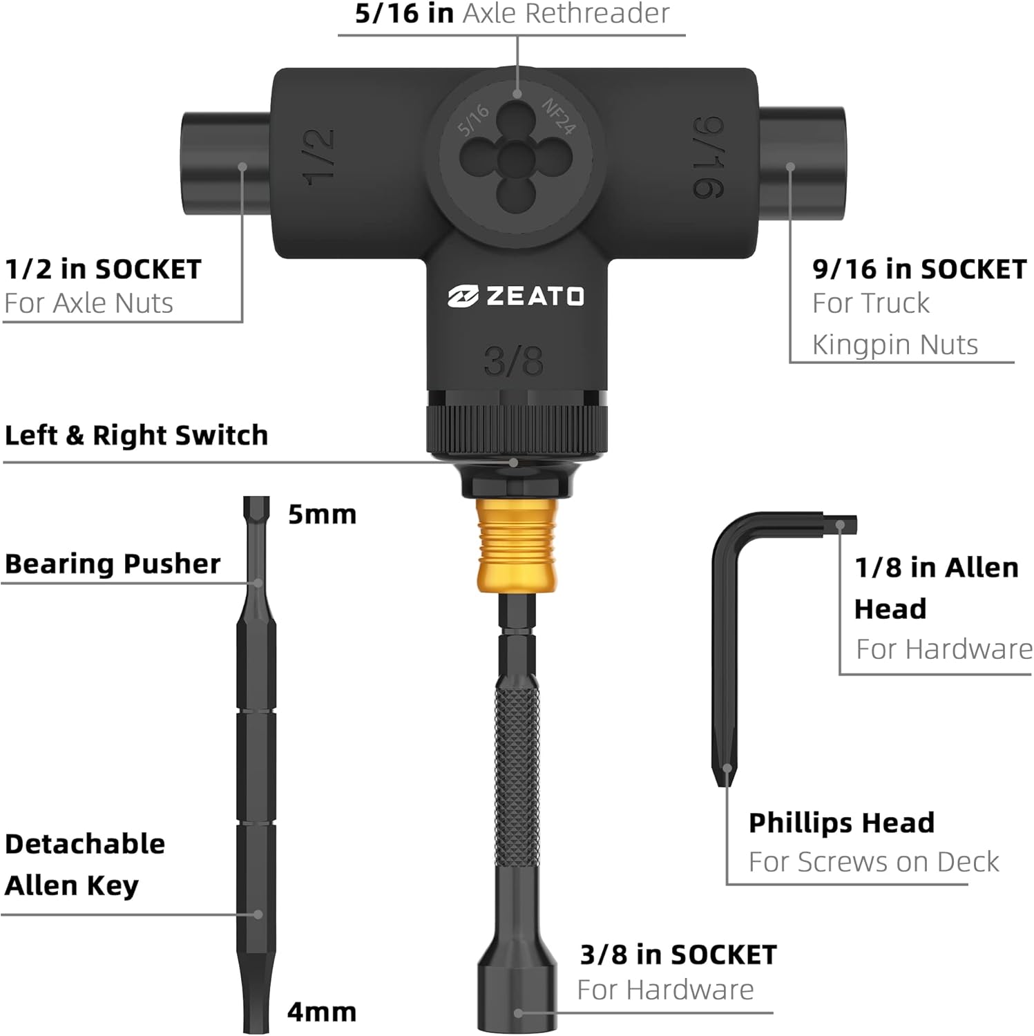All-in-One Skate Tools Multi-Function Portable Skateboard T Tool Accessory with T-Type Allen Key and L-Type Phillips Head Wrench Screwdriver
