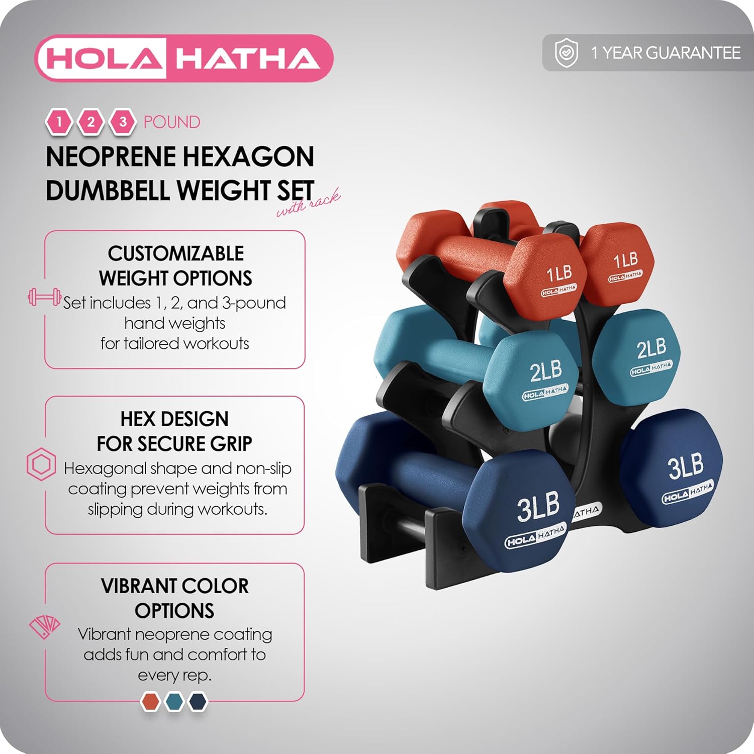 HolaHatha Neoprene Dumbbell Free Hand Weight Set with Rack, Ideal for Home Exercises to Gain Tone and Definition