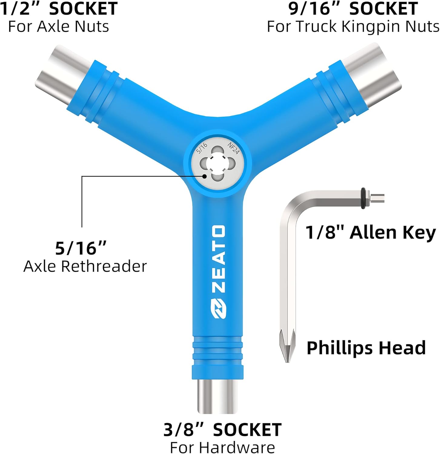 All-in-One Skate Tools Multi-Function Portable Skateboard T Tool Accessory with T-Type Allen Key and L-Type Phillips Head Wrench Screwdriver