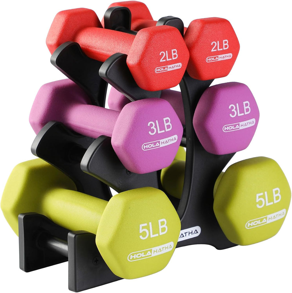 HolaHatha Neoprene Dumbbell Free Hand Weight Set with Rack, Ideal for Home Exercises to Gain Tone and Definition