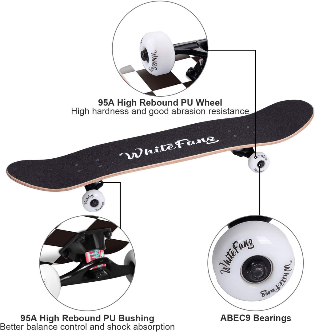 WhiteFang Skateboards for Beginners, Complete Skateboard 31 x 7.88, 7 Layer Canadian Maple Double Kick Concave Standard and Tricks Skateboards for Kids and Beginners