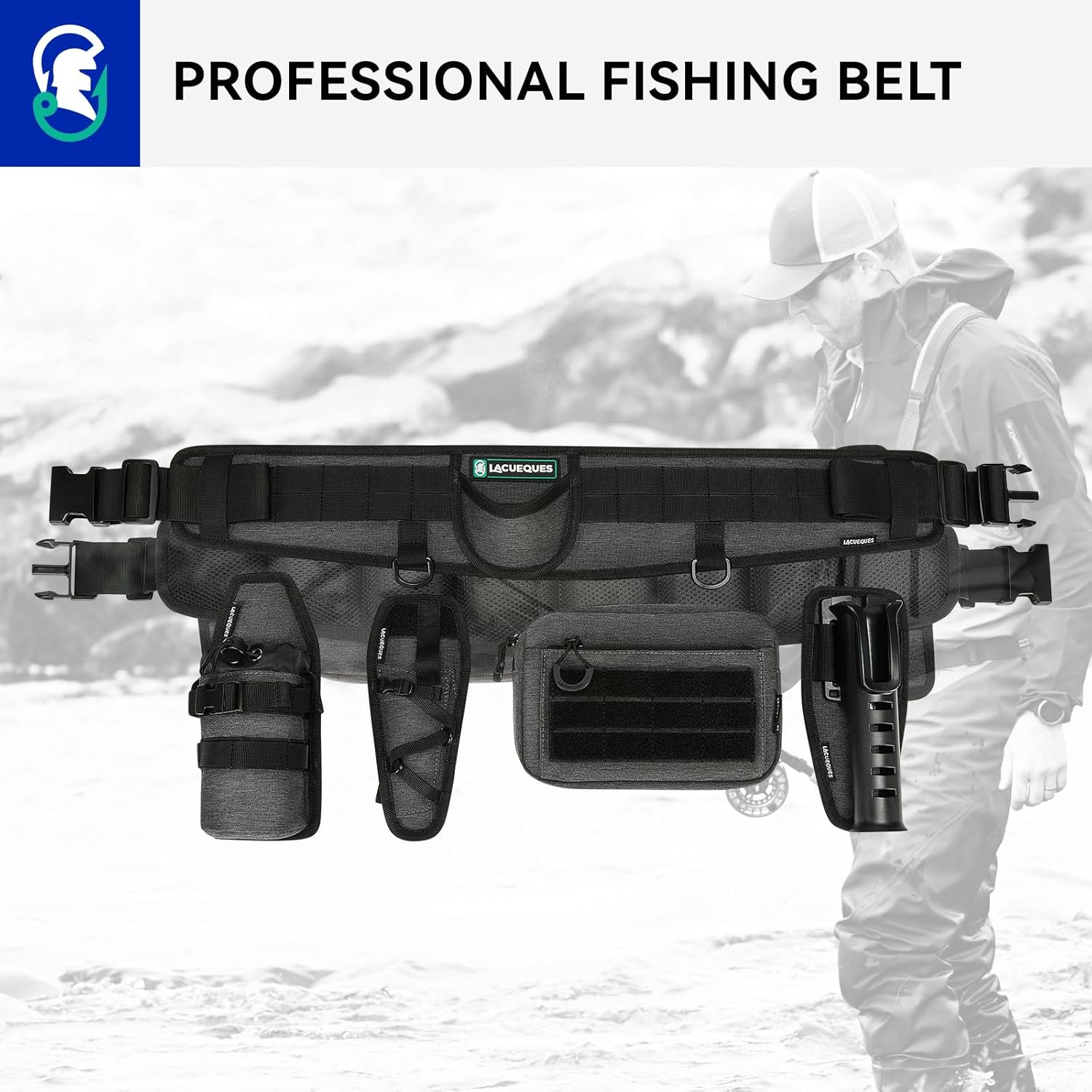 Professional Fishing Belt set Wade Tackle Belt Kit–Detachable Bait/Pliers Pouches, Rod Holder, Insulated Cup Pocket, Multi-Hook Design