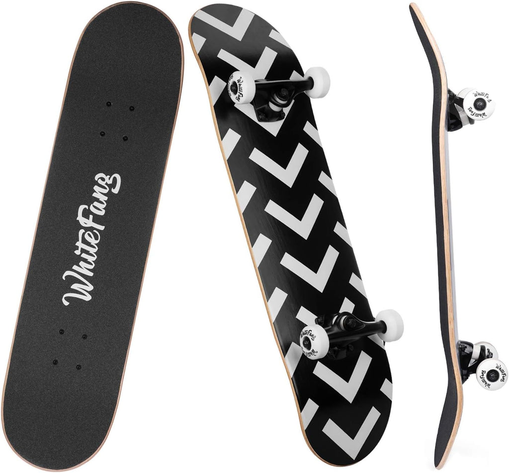 WhiteFang Skateboards for Beginners, Complete Skateboard 31 x 7.88, 7 Layer Canadian Maple Double Kick Concave Standard and Tricks Skateboards for Kids and Beginners
