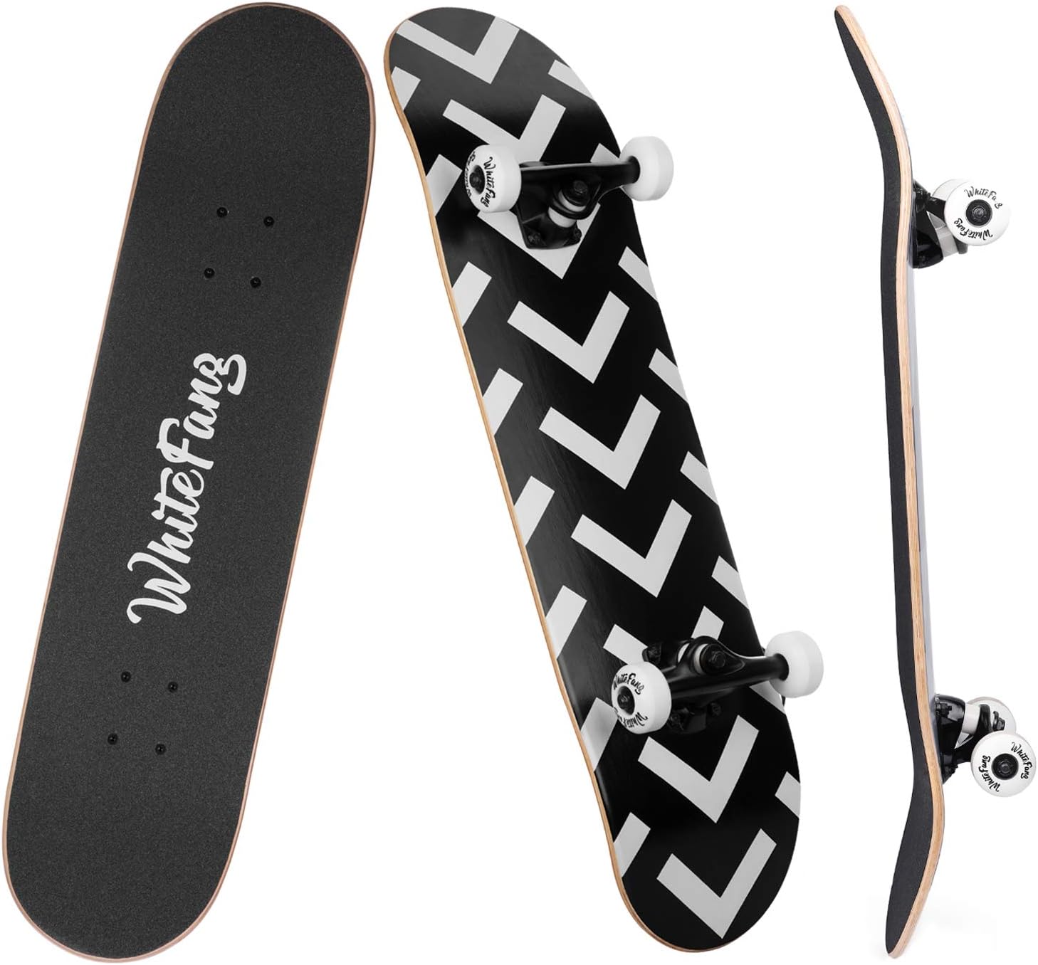 WhiteFang Skateboards for Beginners, Complete Skateboard 31 x 7.88, 7 Layer Canadian Maple Double Kick Concave Standard and Tricks Skateboards for Kids and Beginners