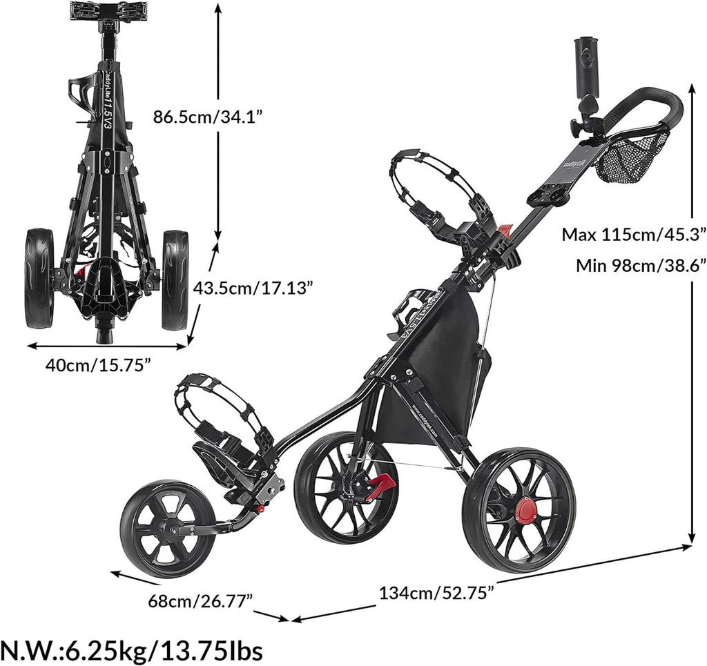 CaddyTek 3 Wheel Golf Push Cart - Lightweight, Close Folding Push Pull Caddy Cart, Easy to Open - CaddyLite 11.5 V3