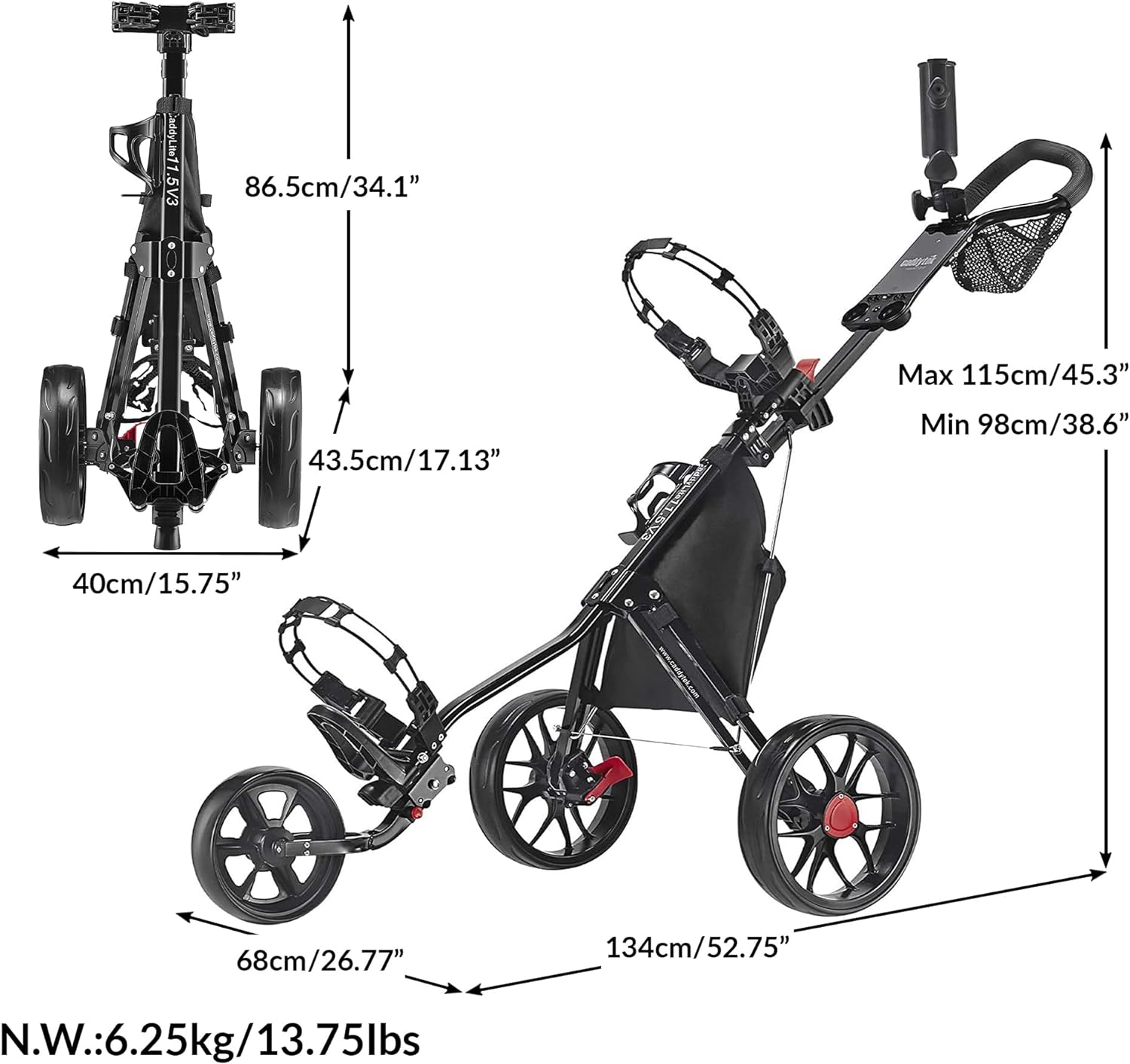 CaddyTek 3 Wheel Golf Push Cart - Lightweight, Close Folding Push Pull Caddy Cart, Easy to Open - CaddyLite 11.5 V3