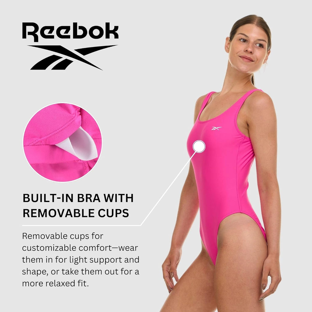 Reebok One Piece Swimsuit Women, Scoop Back High Cut Womens Bathing Suits One Piece, Ladies Athletic Backless Swim Suit