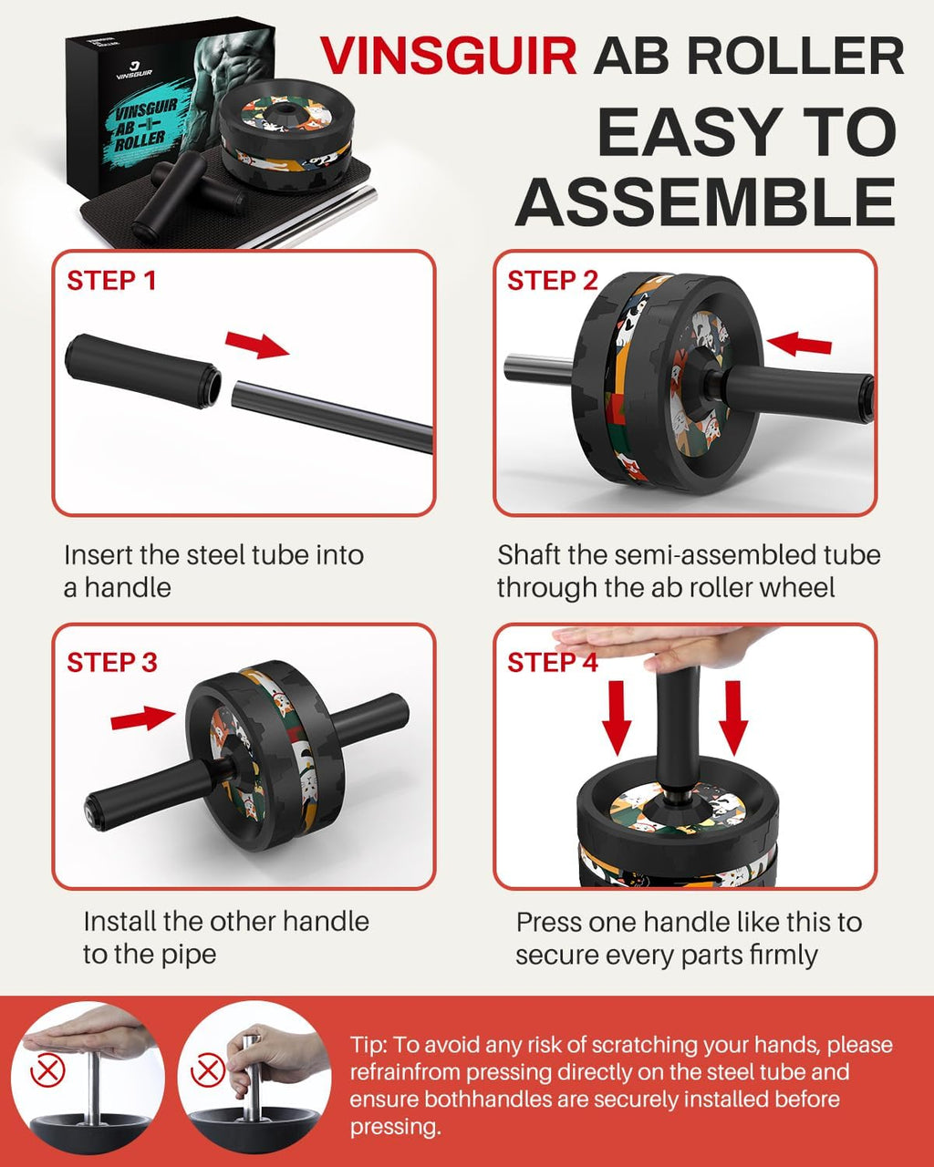VINSGUIR Ab Roller Wheel, Abs & Core Workout Equipment for Home Gym with Knee Pad Accessories, Abdominal Wheel for Full-body Strength Training