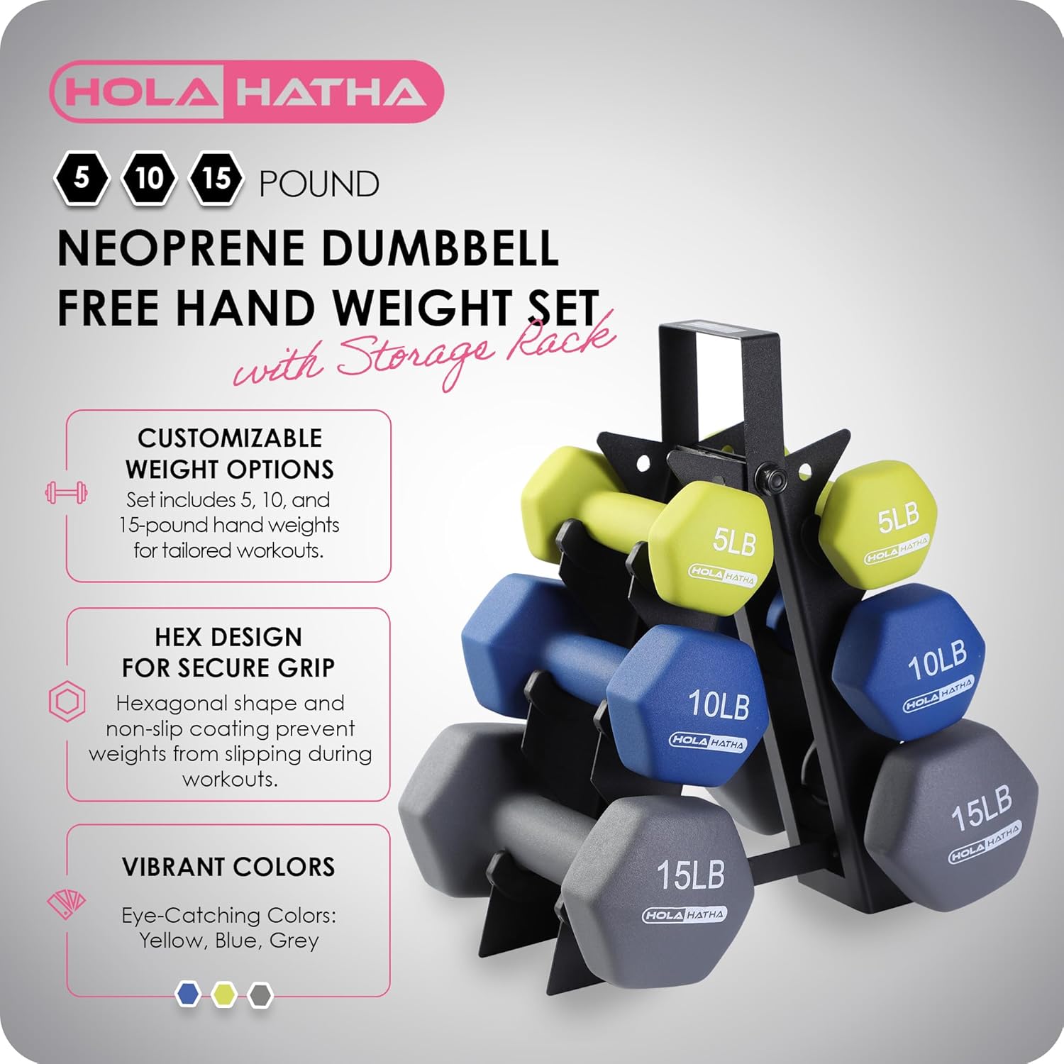 HolaHatha Neoprene Dumbbell Free Hand Weight Set with Rack, Ideal for Home Exercises to Gain Tone and Definition