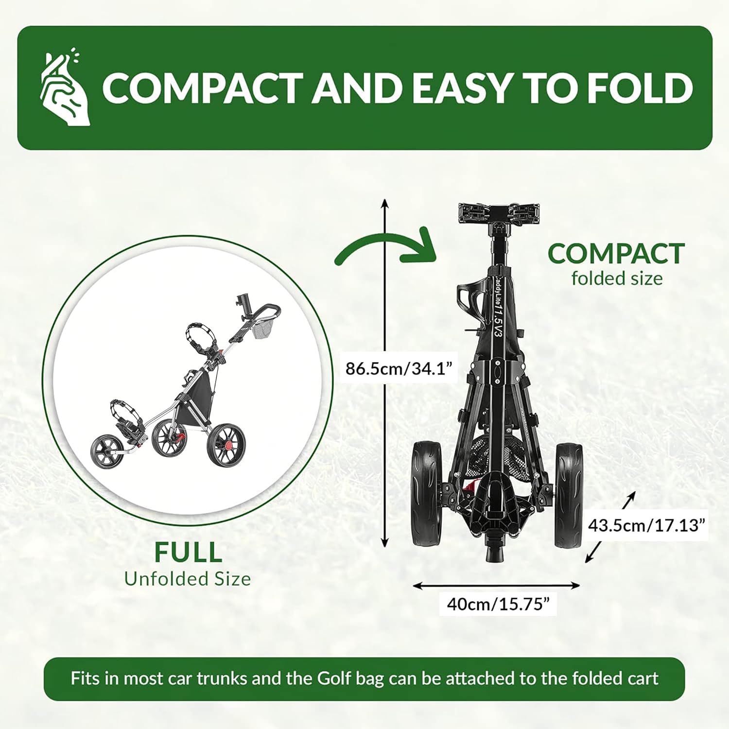 CaddyTek 3 Wheel Golf Push Cart - Lightweight, Close Folding Push Pull Caddy Cart, Easy to Open - CaddyLite 11.5 V3
