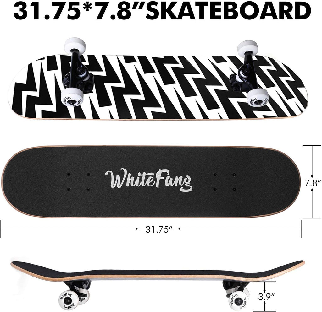 WhiteFang Skateboards for Beginners, Complete Skateboard 31 x 7.88, 7 Layer Canadian Maple Double Kick Concave Standard and Tricks Skateboards for Kids and Beginners