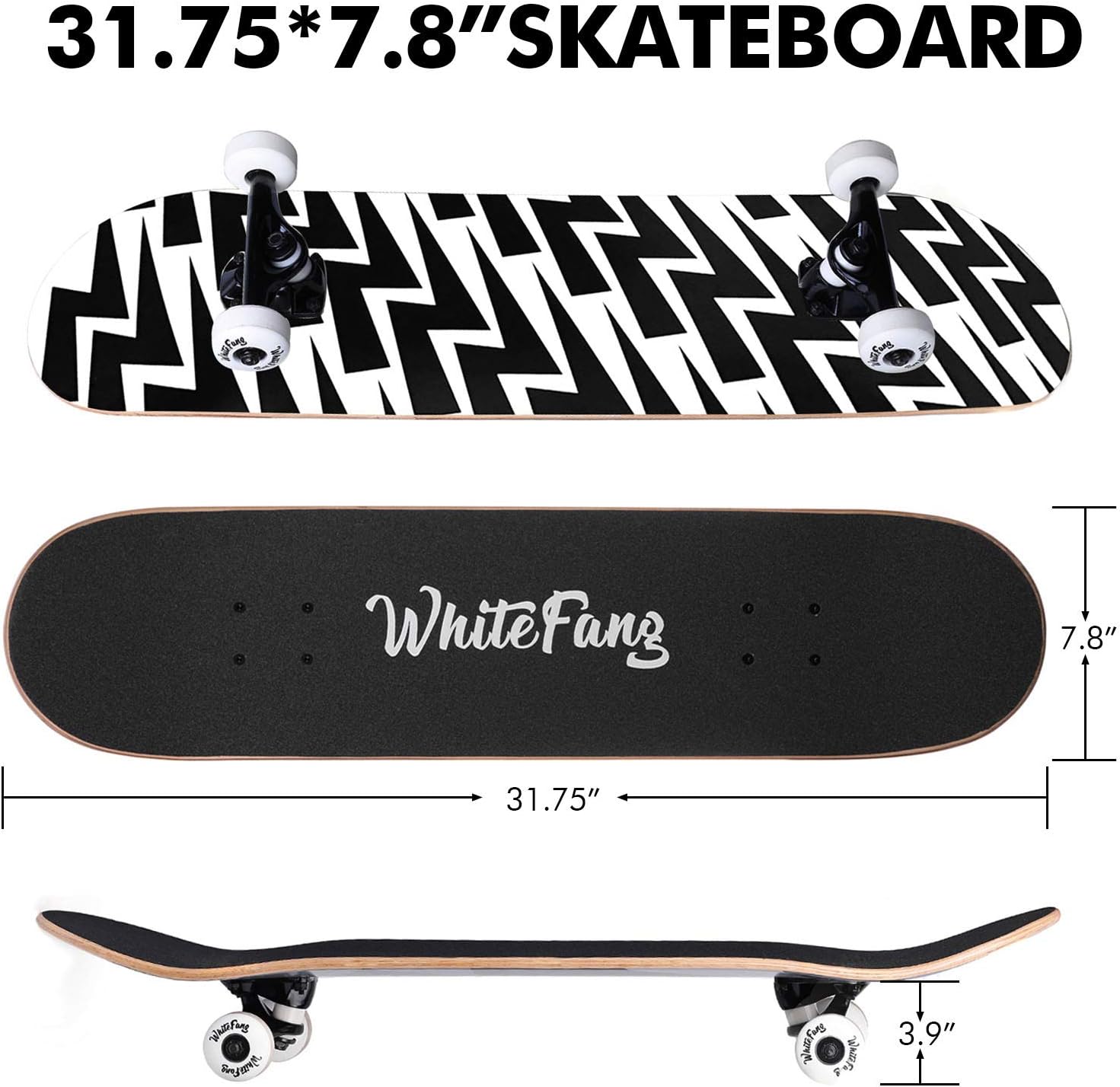 WhiteFang Skateboards for Beginners, Complete Skateboard 31 x 7.88, 7 Layer Canadian Maple Double Kick Concave Standard and Tricks Skateboards for Kids and Beginners