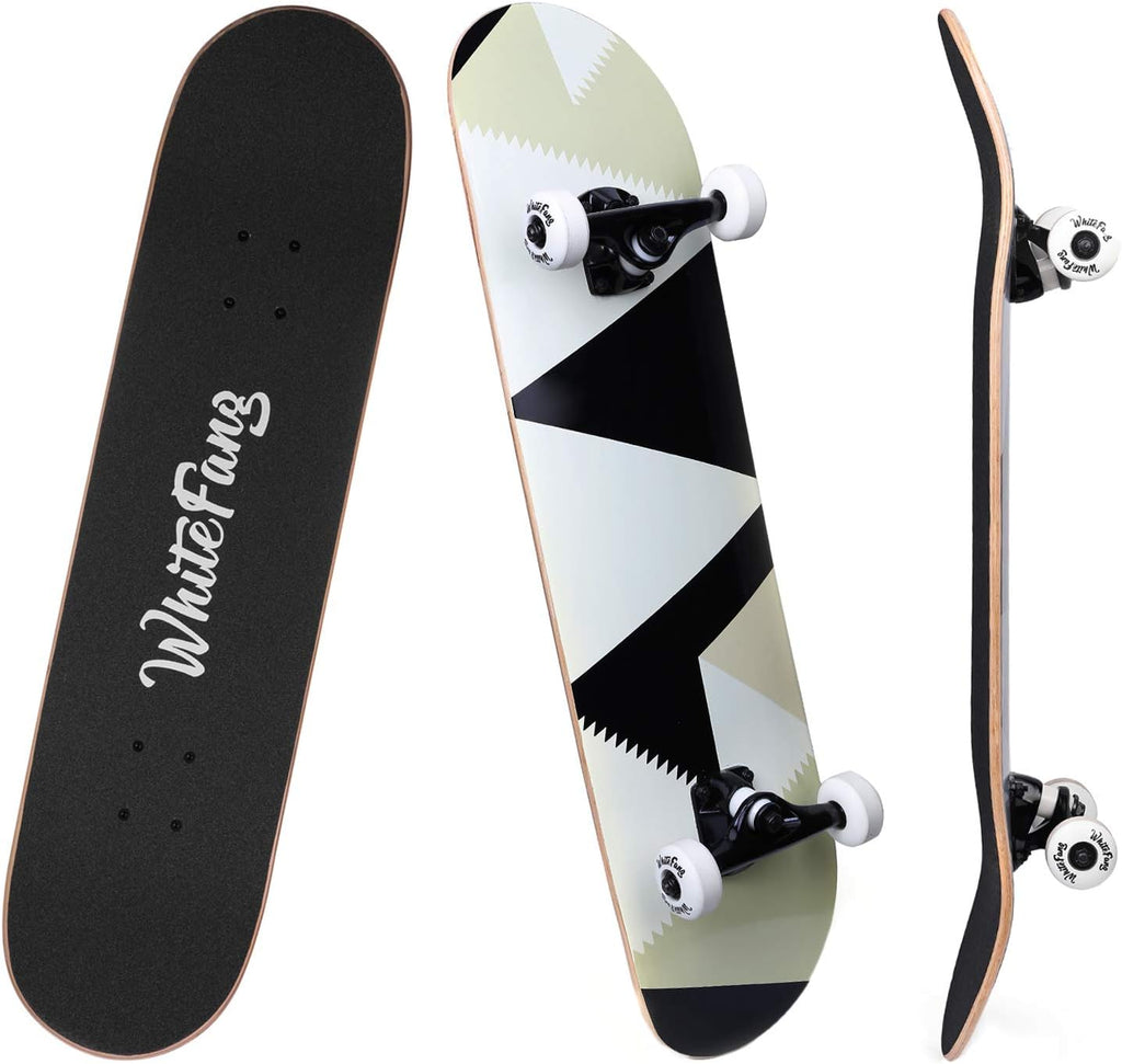 WhiteFang Skateboards for Beginners, Complete Skateboard 31 x 7.88, 7 Layer Canadian Maple Double Kick Concave Standard and Tricks Skateboards for Kids and Beginners