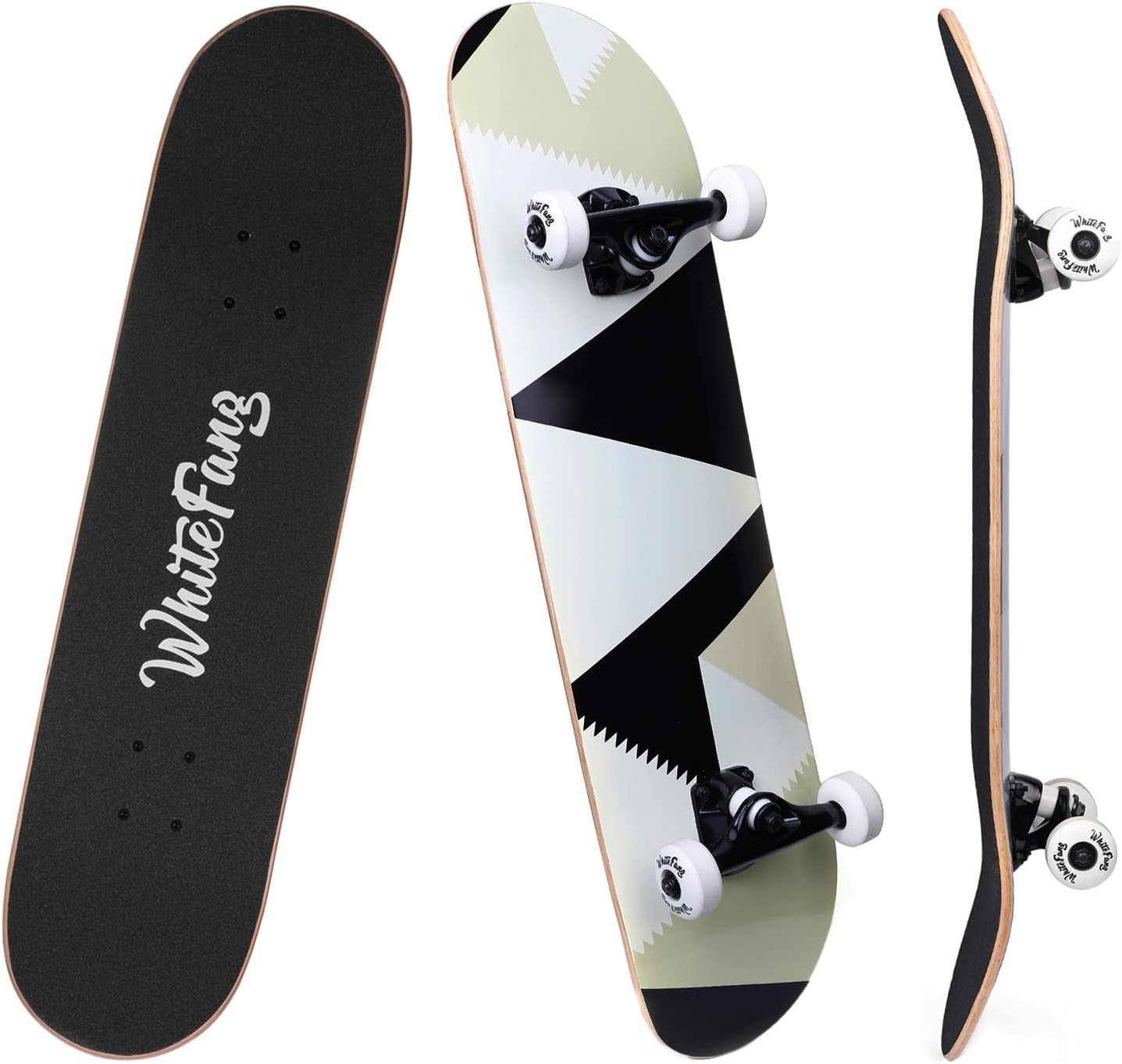 WhiteFang Skateboards for Beginners, Complete Skateboard 31 x 7.88, 7 Layer Canadian Maple Double Kick Concave Standard and Tricks Skateboards for Kids and Beginners
