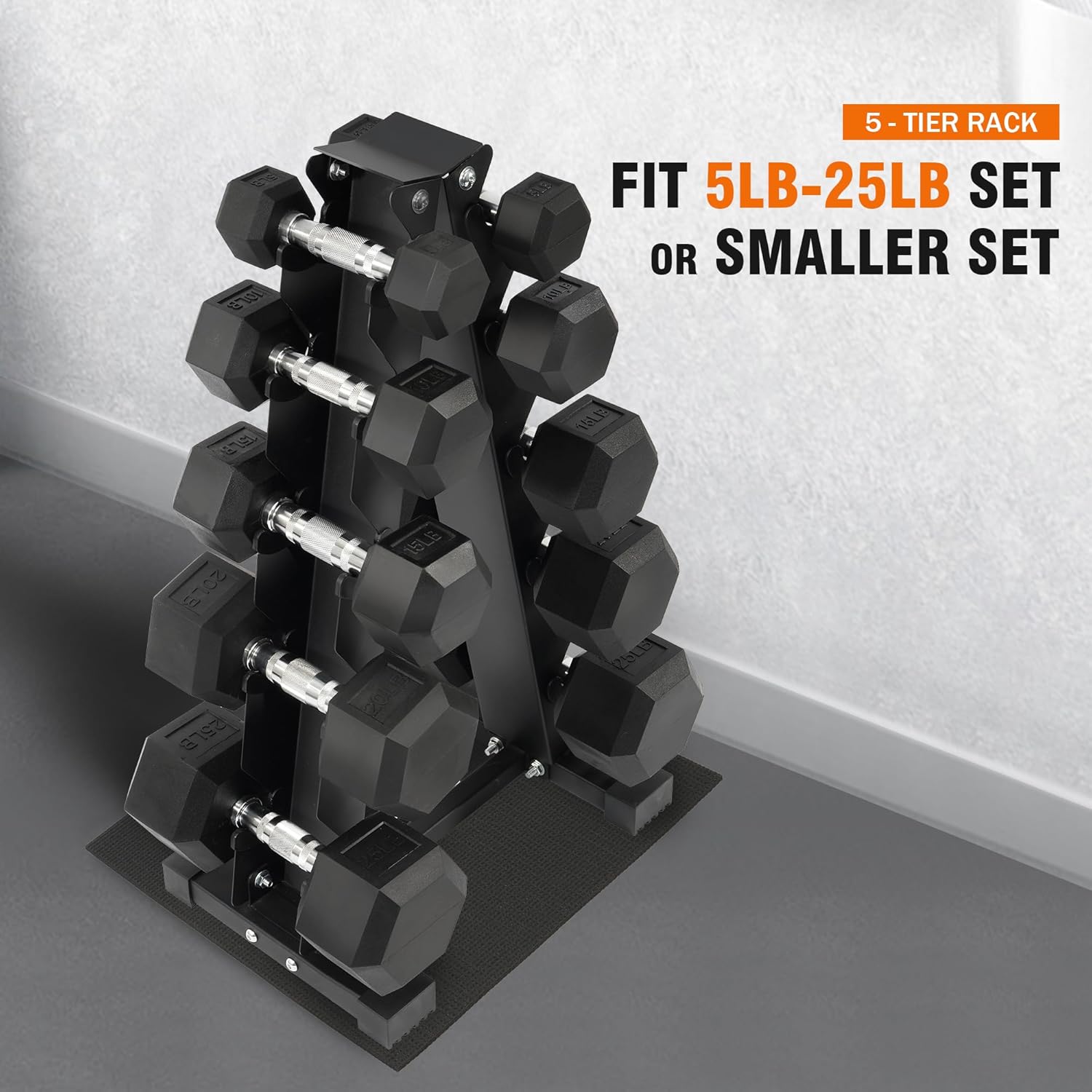 Fitvids Rubber Encased Hex Dumbbell Set with Rack, 5-20LB or 5-25LB Hand Weights with Anti-Slip Grip for Exercise & Fitness, Dumbbell Weights Set for Home Gym, 100LB or 150LB Set Options