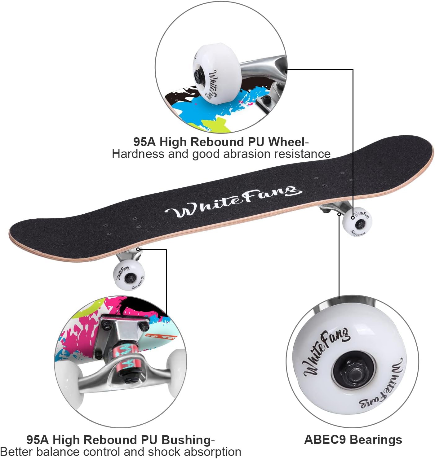 WhiteFang Skateboards for Beginners, Complete Skateboard 31 x 7.88, 7 Layer Canadian Maple Double Kick Concave Standard and Tricks Skateboards for Kids and Beginners
