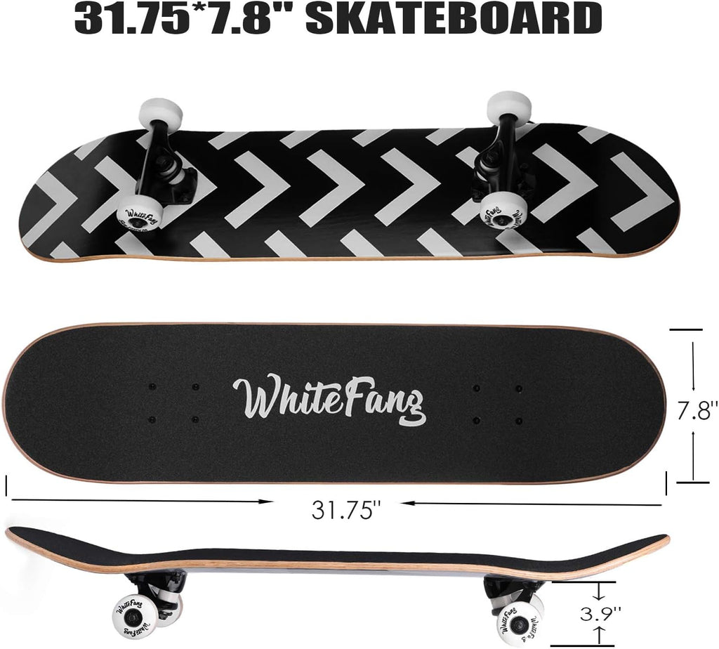 WhiteFang Skateboards for Beginners, Complete Skateboard 31 x 7.88, 7 Layer Canadian Maple Double Kick Concave Standard and Tricks Skateboards for Kids and Beginners