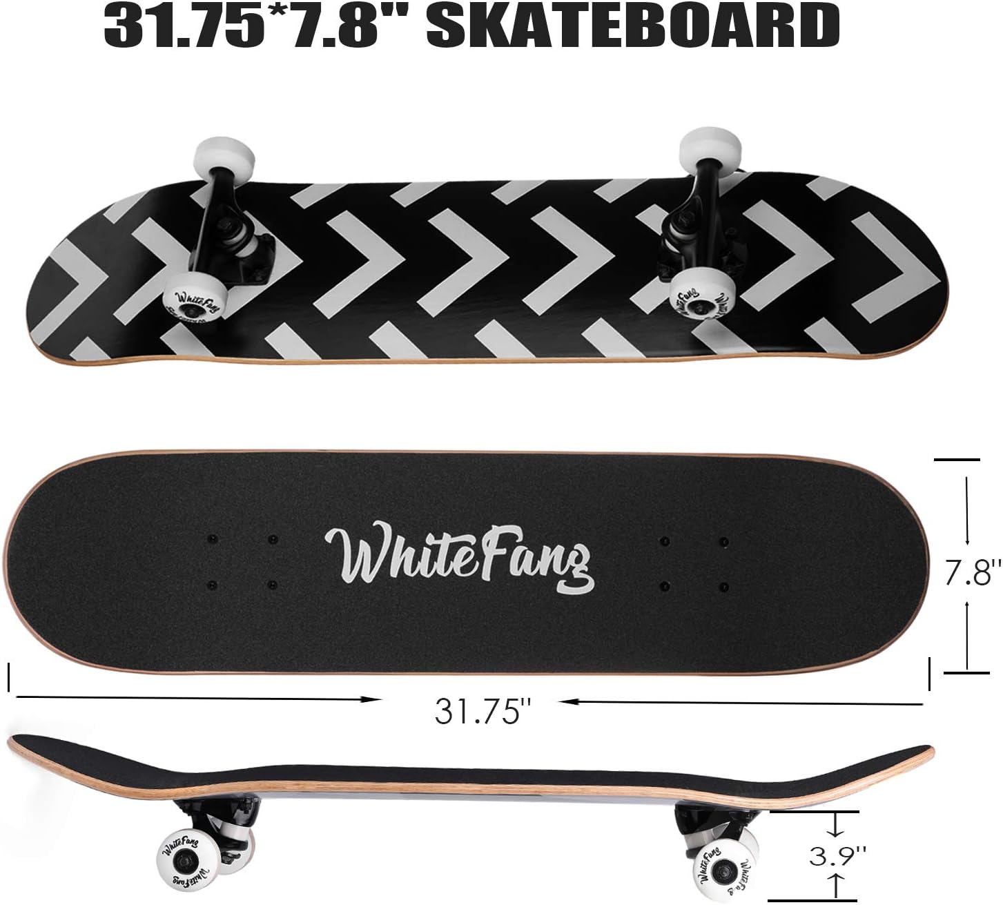 WhiteFang Skateboards for Beginners, Complete Skateboard 31 x 7.88, 7 Layer Canadian Maple Double Kick Concave Standard and Tricks Skateboards for Kids and Beginners