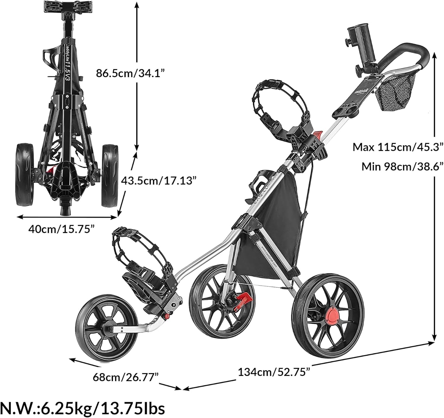 CaddyTek 3 Wheel Golf Push Cart - Lightweight, Close Folding Push Pull Caddy Cart, Easy to Open - CaddyLite 11.5 V3